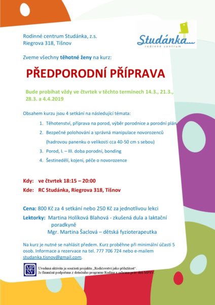 Plakát akce: Předporodní příprava – začínáme ČT 14. 3. 2019